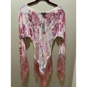 Pink velvet burnout fringe top.